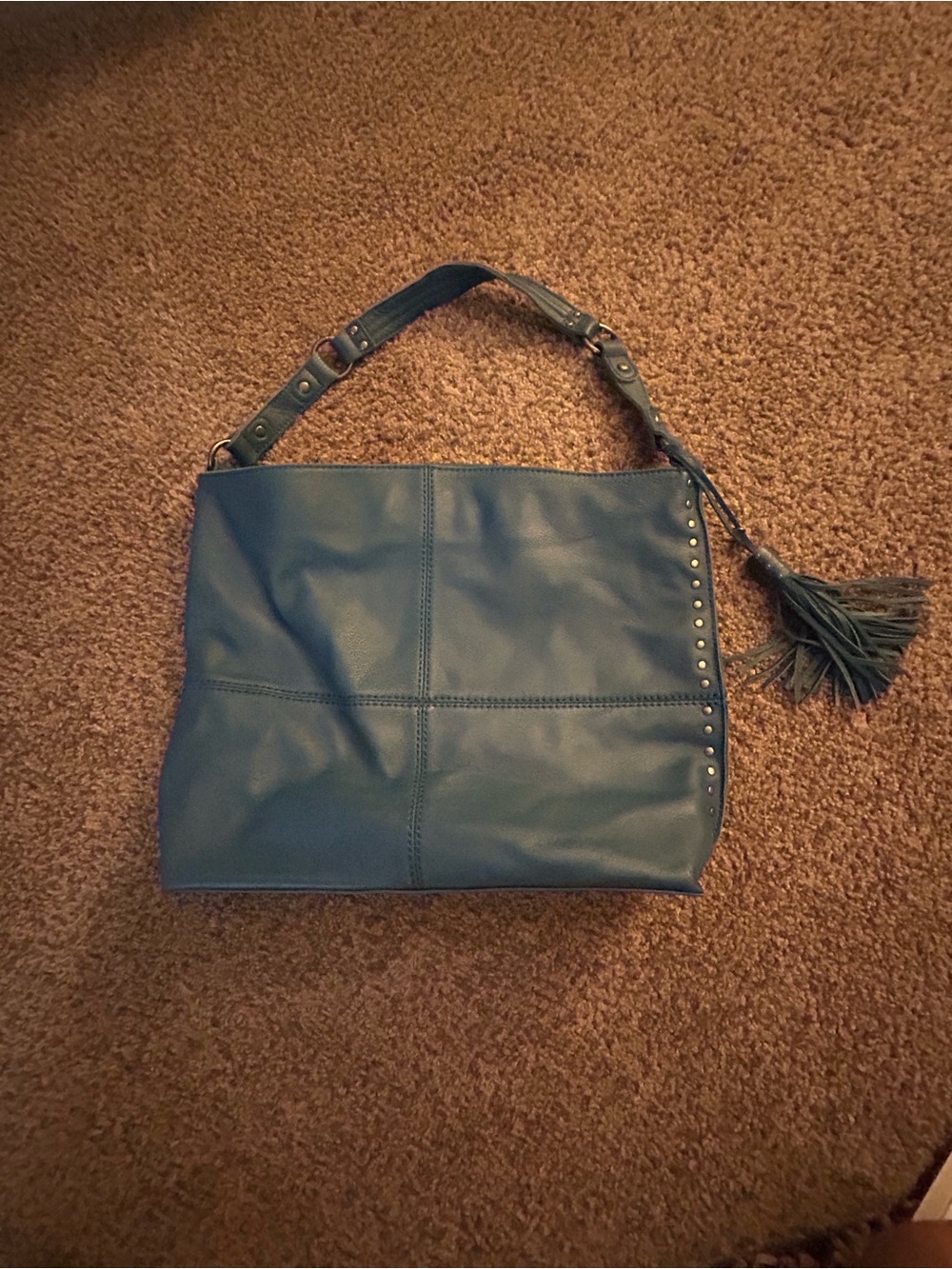 Stylish Teal Leather Tote Bag with Tassel